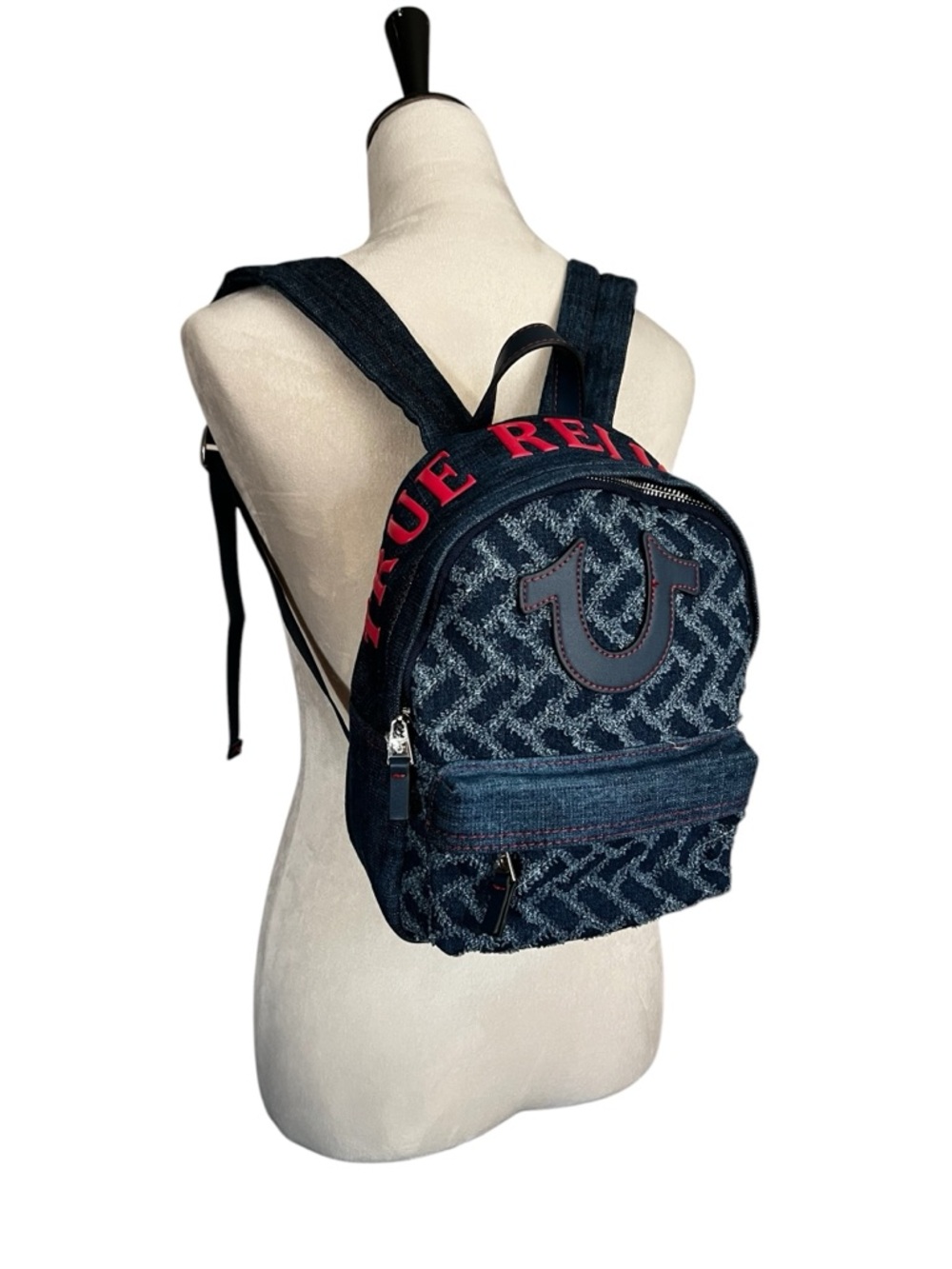 True Religion Small Denim Logo Mini Backpack with Red Accents